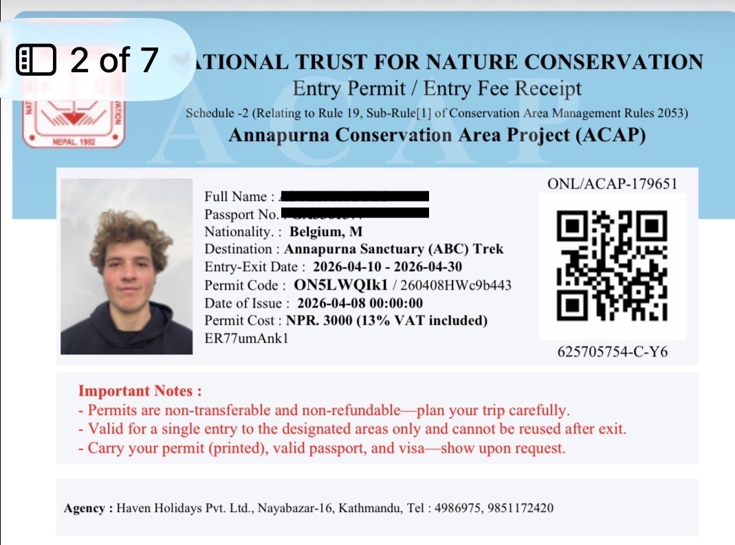 Annapurna Conservation Area permit checkpoint and trekking route to Annapurna Base Camp via Poon Hill, highlighting the required permits for entering the Annapurna region of Nepal.