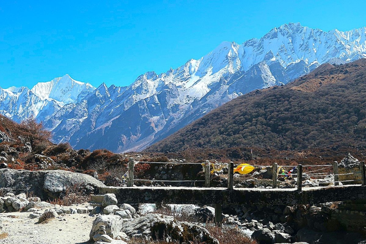 Trekkers walking along a scenic mountain trail in Langtang Valley surrounded by green hills and snow-capped Himalayan peaks.