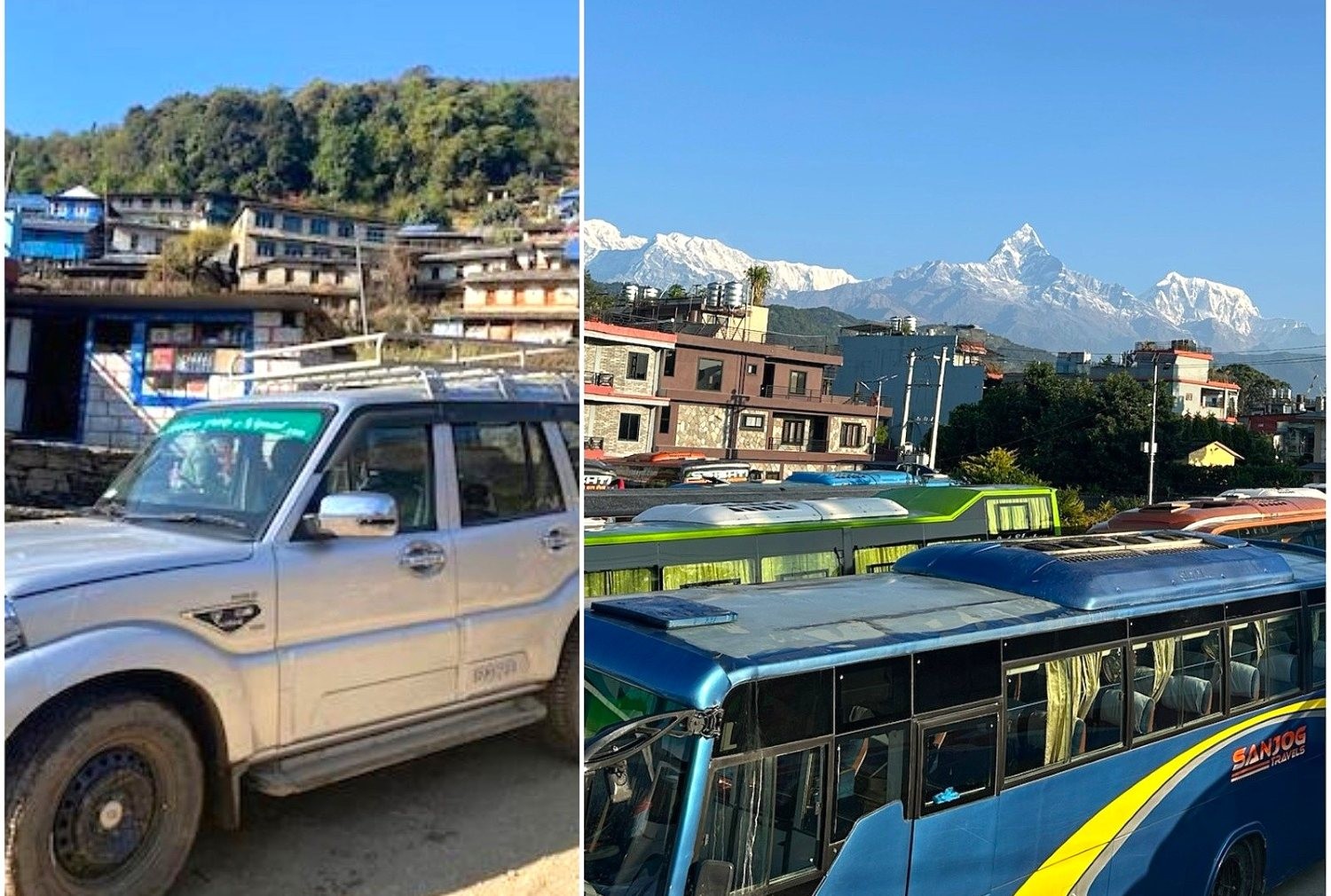 Four-wheel-drive jeep and local bus traveling on the mountain road to Ulleri, passing terraced hillsides, lush forests, rivers, and traditional villages on the way to the Ghorepani Poon Hill Trek.