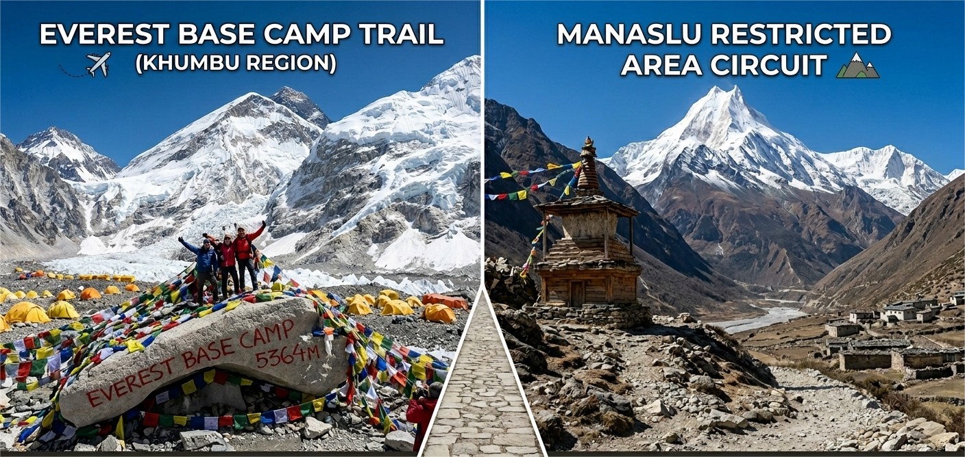 Manaslu Circuit Trek and Everest Base Camp Trek comparison showing Himalayan landscapes and trekking experiences in Nepal.