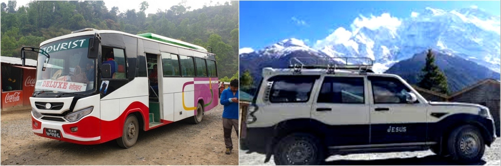 Tourist bus and private jeep traveling on a mountain road in Nepal toward a trekking trailhead in the Annapurna region, surrounded by rivers and hills.