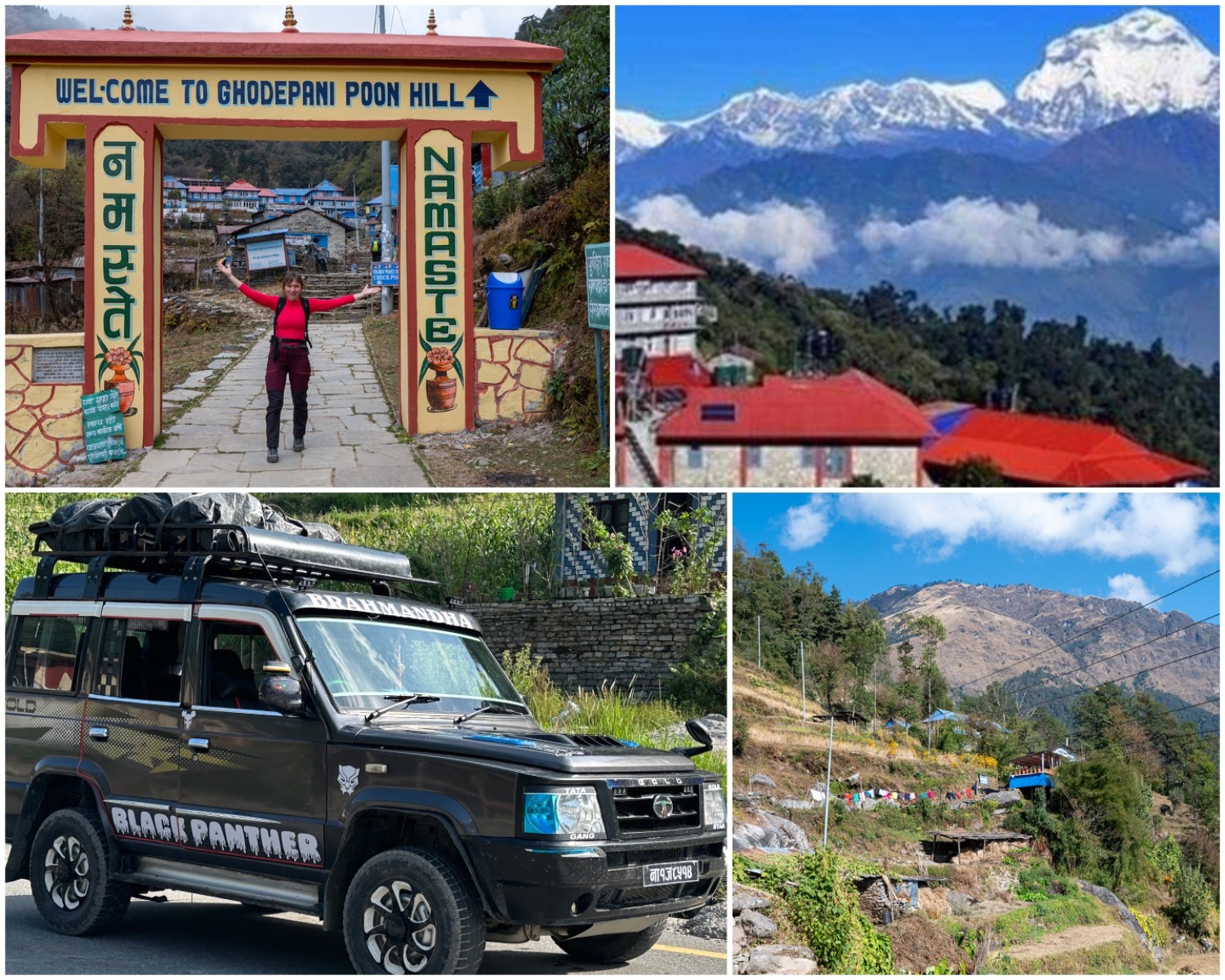 "4WD jeep arriving at Ulleri village with trekkers beginning the hike to Ghorepani through traditional Magar settlements, stone-paved trails, lush rhododendron forests, and the scenic Annapurna region of Nepal.