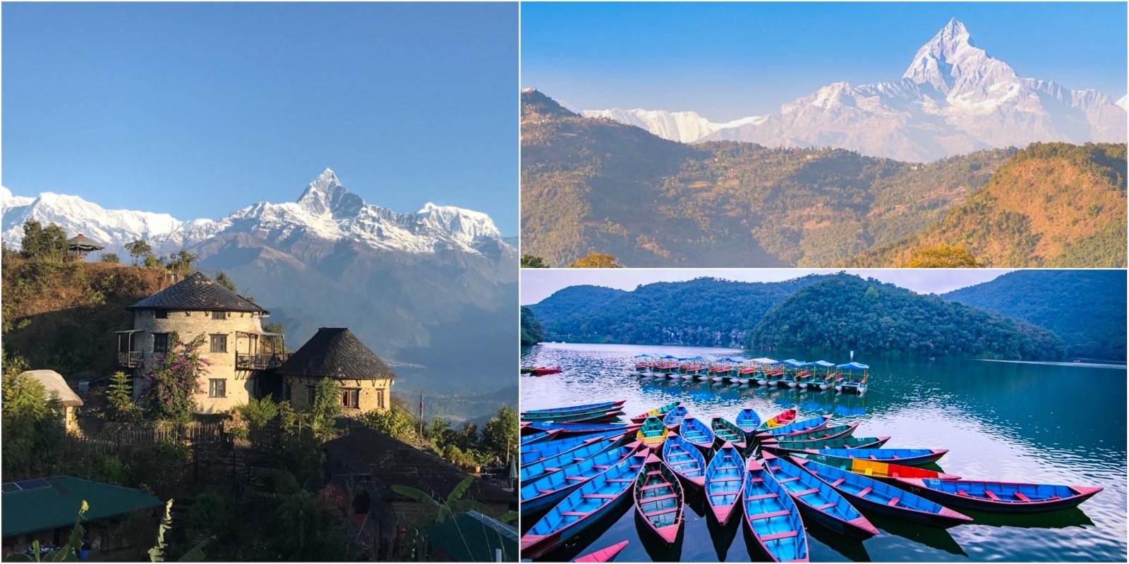 Scenic view of Pokhara with Phewa Lake, colorful boats, lakeside cafés, and the Annapurna and Machhapuchhre Himalayan peaks before the Annapurna Base Camp Trek.