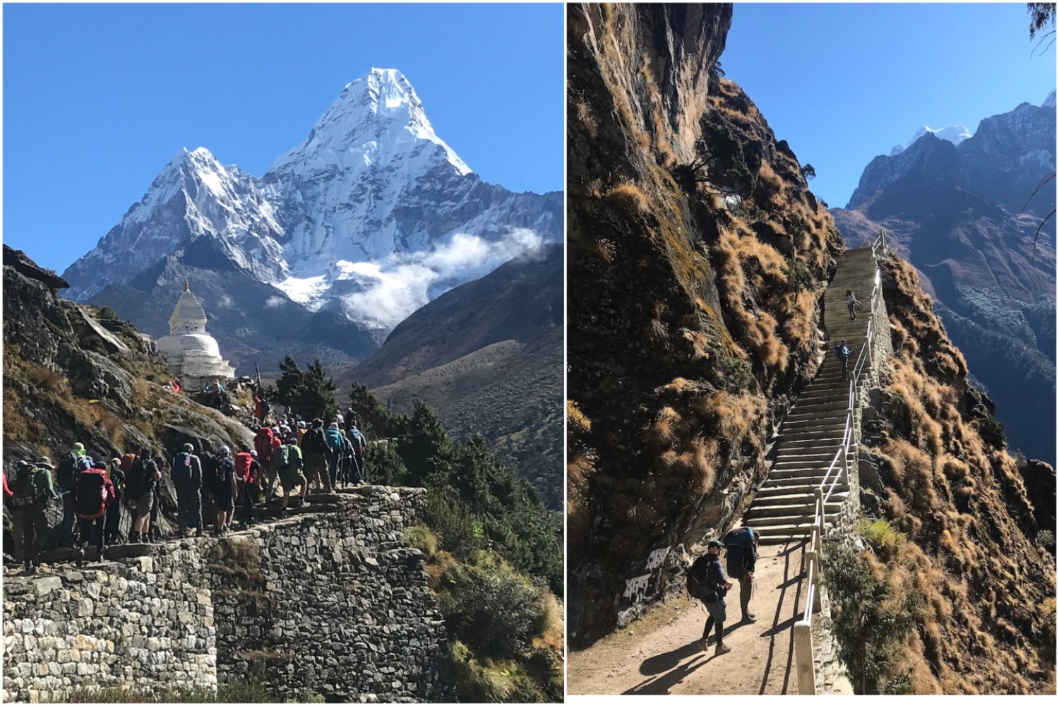 Side-by-side comparison of the Everest Base Camp and Gokyo Valley trekking routes. The left image shows a busy trail with trekkers passing a Buddhist stupa beneath Ama Dablam, while the right image features a quiet stone staircase and scenic mountain trail in the peaceful Gokyo Valley.