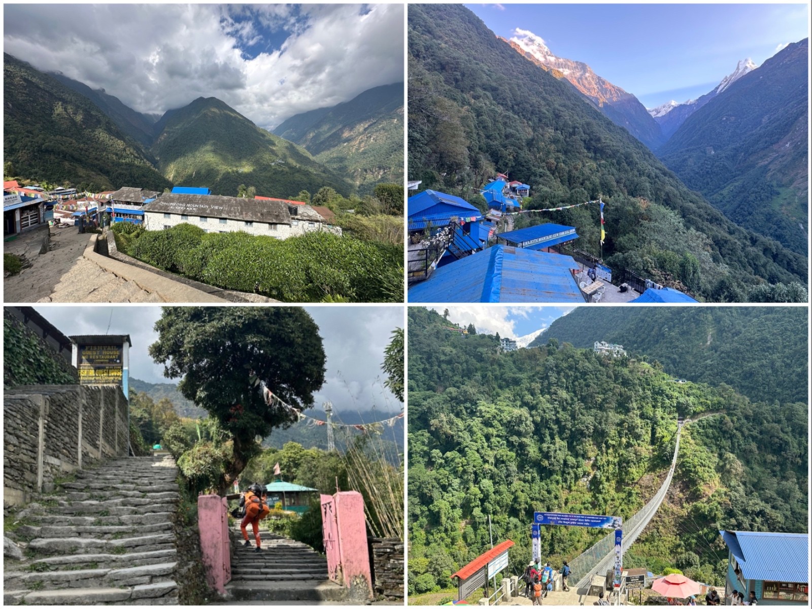 Panoramic view of Chhomrong Village showcasing traditional Gurung houses, terraced hillsides, lush forests, and the majestic peaks of Annapurna South, Hiunchuli, and Machhapuchhre (Fishtail).