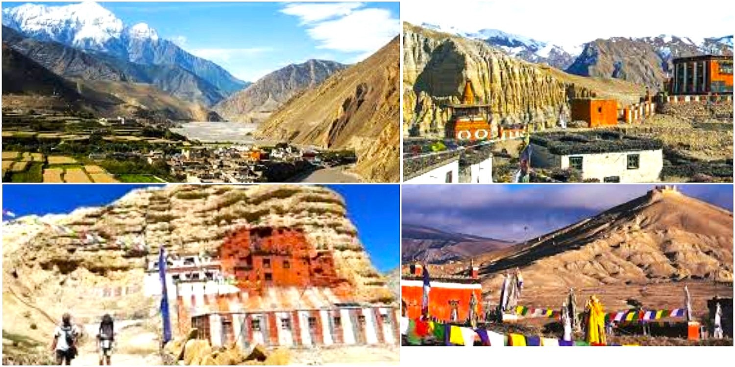 Collage of Upper Mustang, Nepal, showcasing Lo Manthang, ancient monasteries, traditional Tibetan villages, dramatic desert landscapes, colorful prayer flags, local culture.