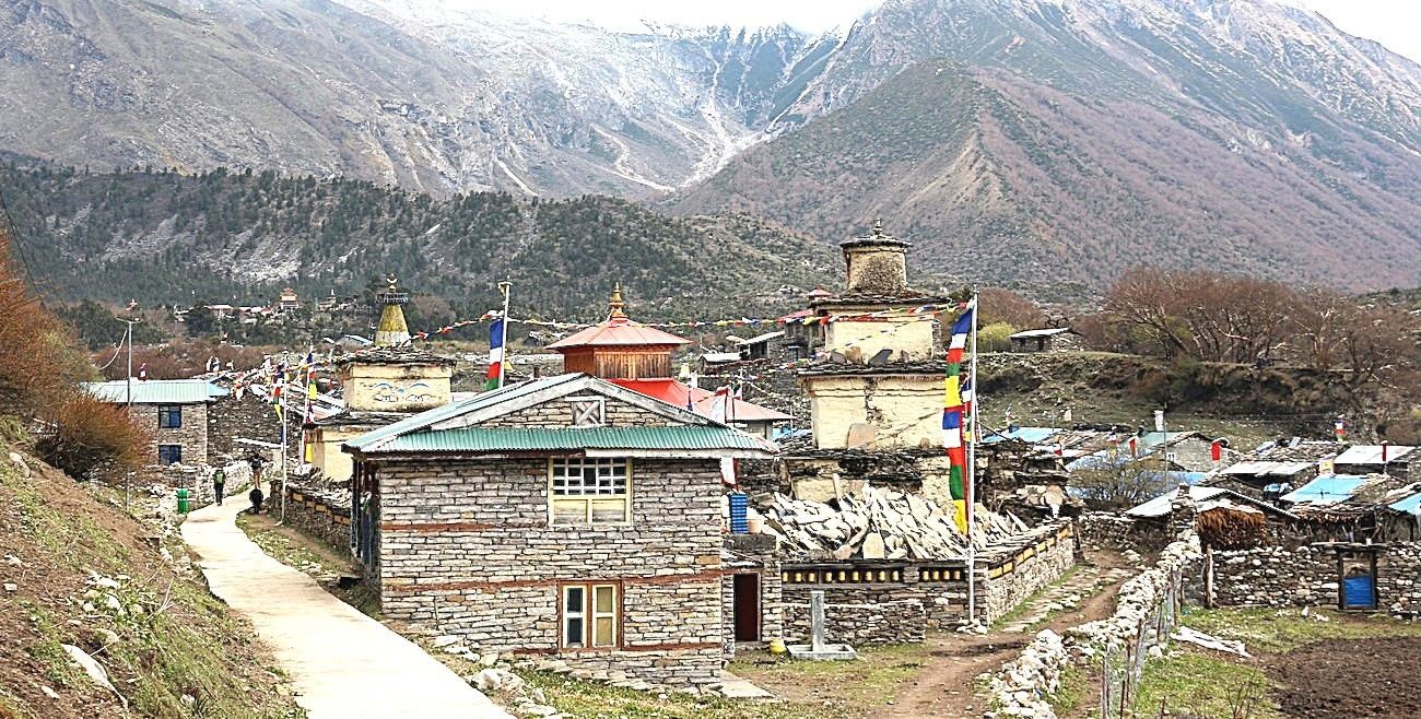 Trekkers walking through a remote traditional village along the Manaslu Circuit, surrounded by Himalayan mountains and local farmland.