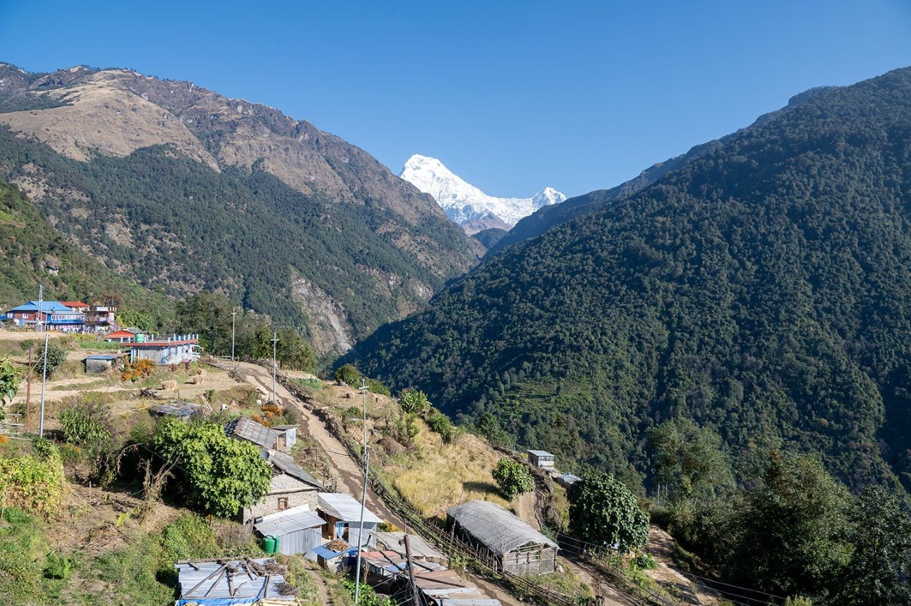 Mountain road leading to Ulleri Village with traditional stone houses, terraced hillsides, and snow-capped Annapurna peaks in the background.