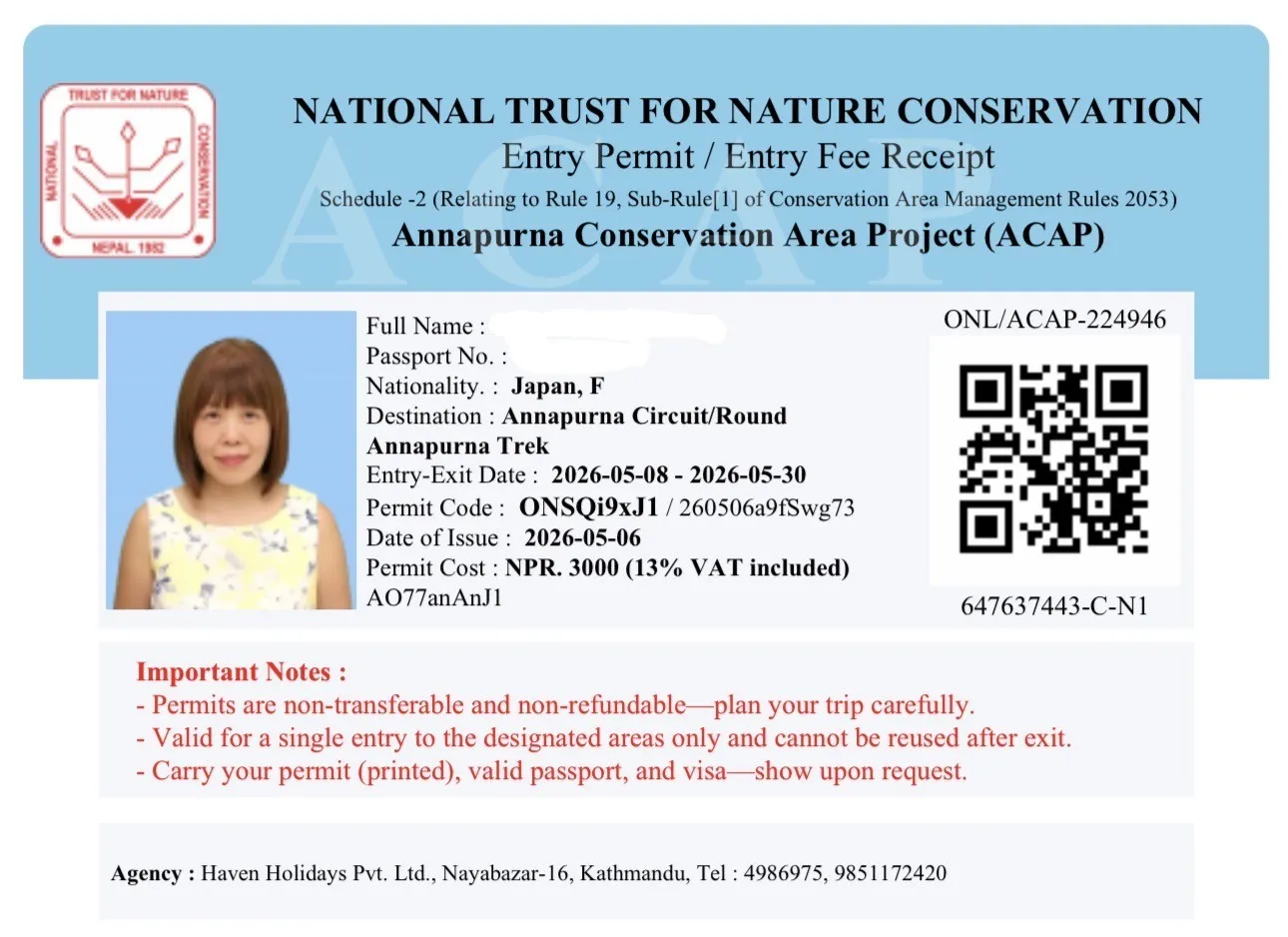 ACAP permit for the Nar Phu Valley Trek in the Annapurna region.
