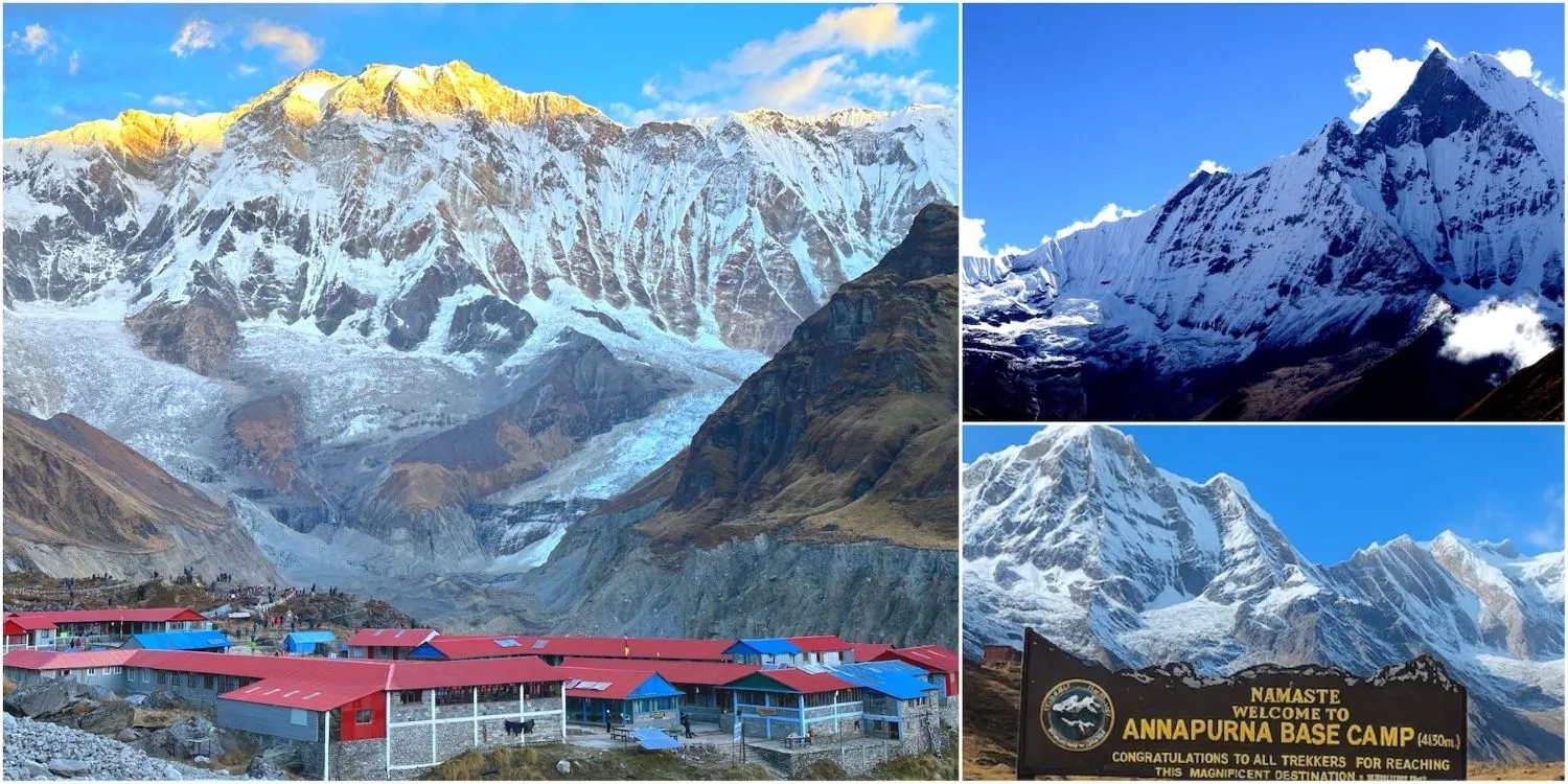 Joined photo of Annapurna Base Camp featuring mountain lodges, Annapurna I, Machhapuchhre (Fishtail Mountain), and the spectacular snow-covered peaks of the Annapurna Sanctuary.