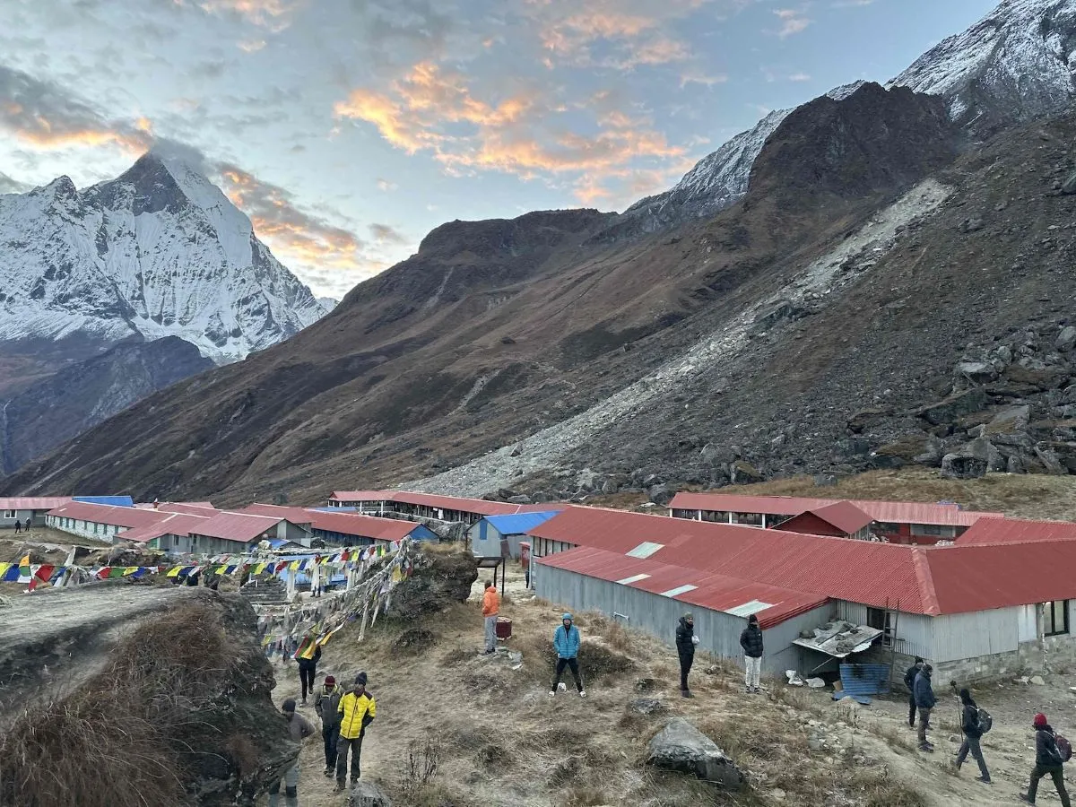Annapurna Base Camp lodges surrounded by the snow-covered peaks of the Annapurna Sanctuary, featuring cozy mountain teahouses, alpine terrain, and breathtaking Himalayan panoramas.