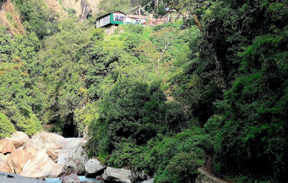trekkers walking from Syabrubesi to Lama Hotel through lush bamboo forests, alongside the Langtang River, passing small mountain lodges, suspension bridges, and peaceful Himalayan scenery.