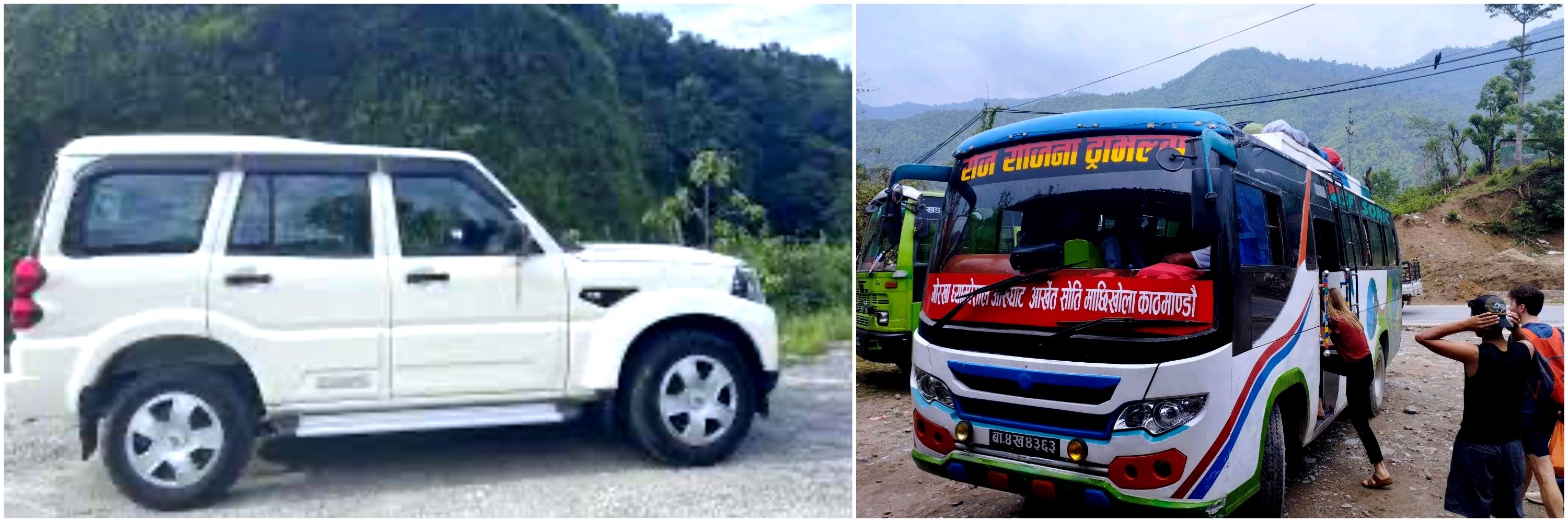 Private jeep and local bus used for transportation on the Manaslu Circuit Trek route, traveling through scenic mountain roads, river valleys, and traditional villages in Nepal.