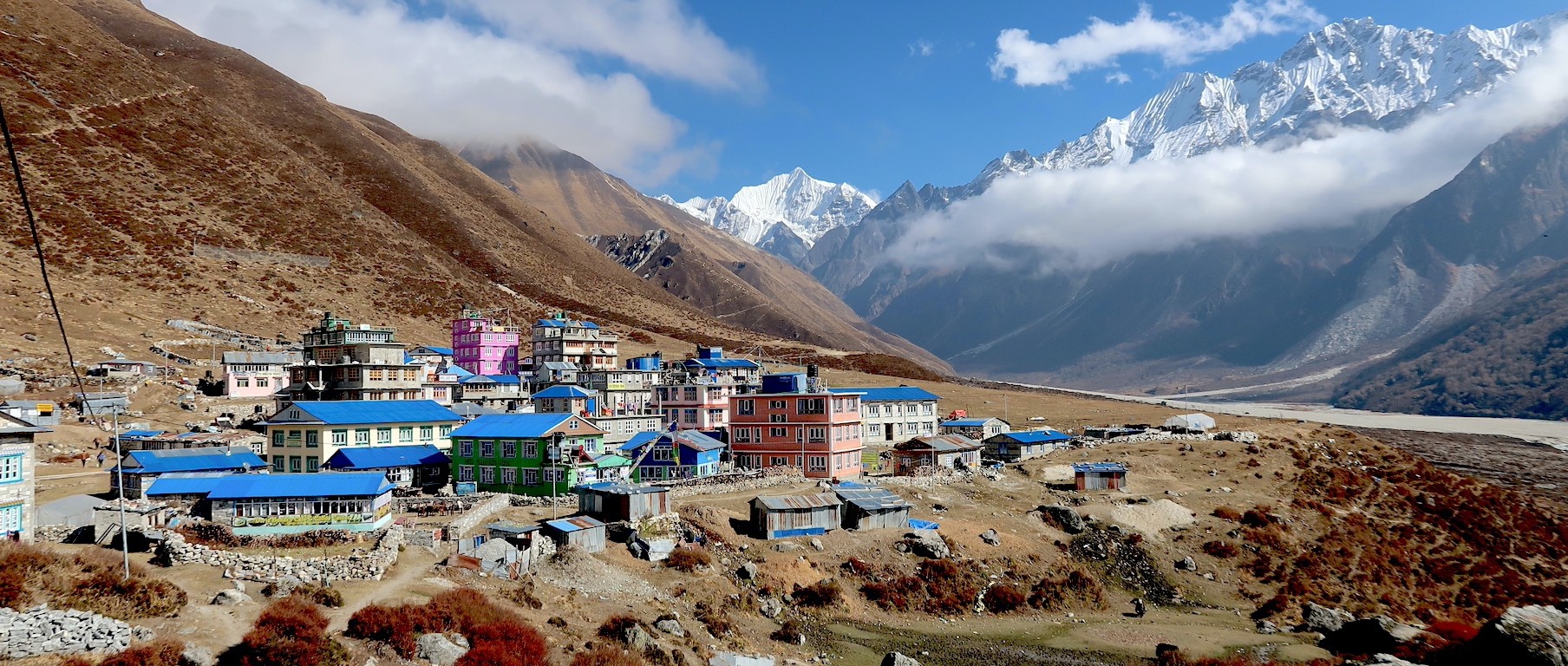  "Panoramic view of Kyanjin Gompa village in Langtang Valley, Nepal, surrounded by snow-capped Himalayan peaks, colorful teahouses, and dramatic mountain landscapes near Langtang National Park."  