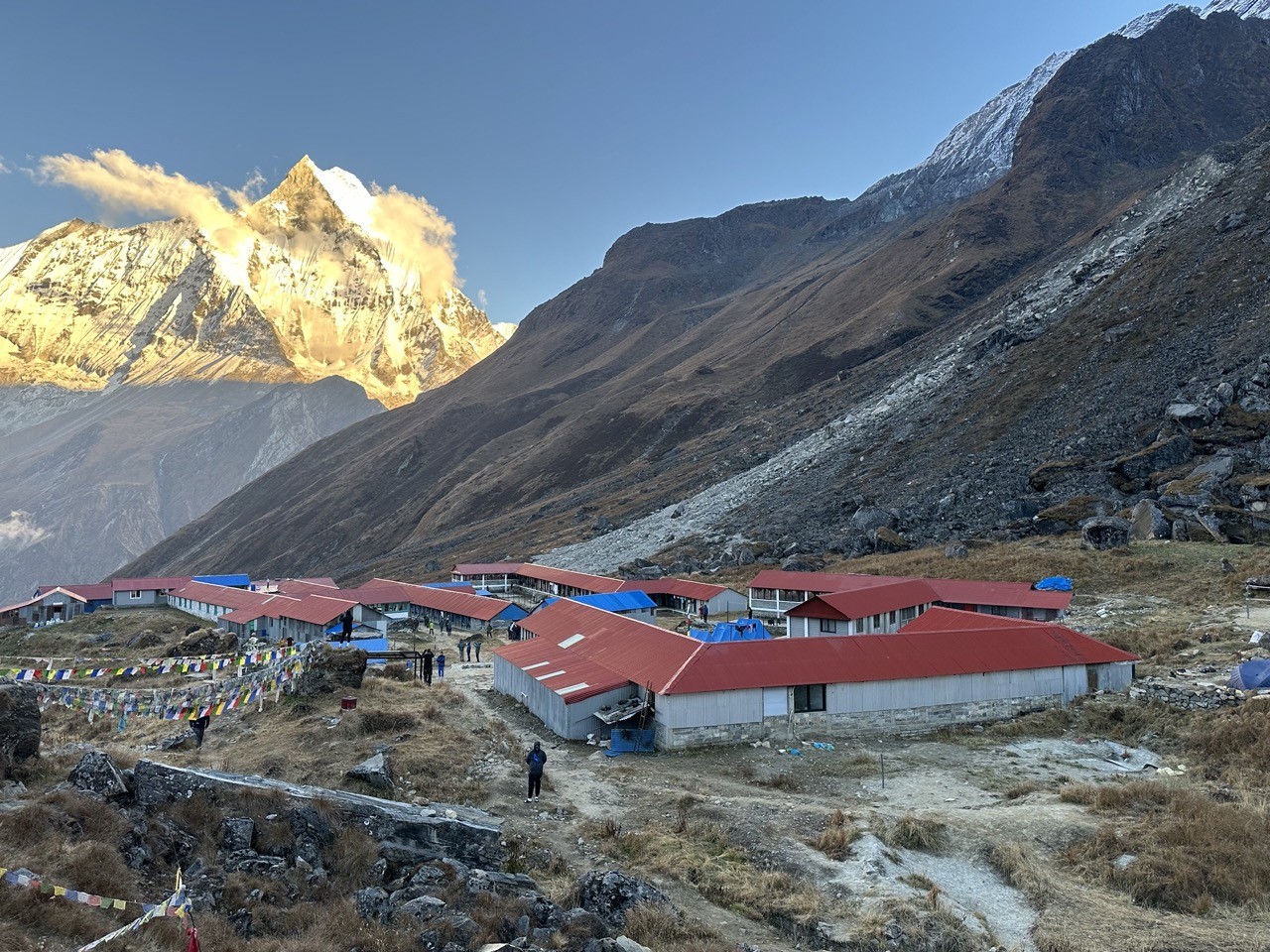 Traditional teahouse lodges at Annapurna Base Camp with Machhapuchhre (Fishtail) towering above, surrounded by the Annapurna Glacier, snow-covered Himalayan peaks, and colorful prayer flags under a clear blue sky.