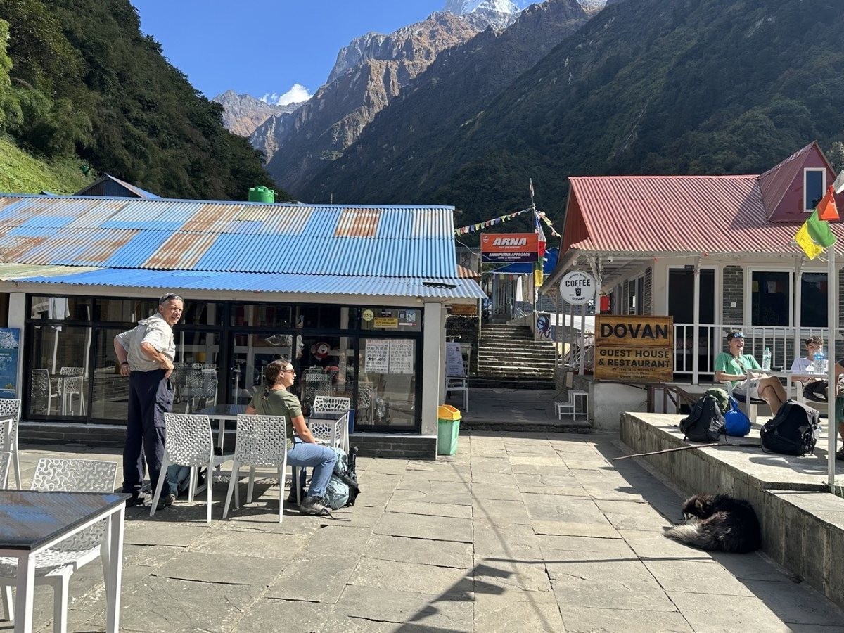Traditional teahouse lodges at Dovan on the Annapurna Base Camp Trek, nestled beside a lush rhododendron forest and mountain stream, offering cozy accommodation in a peaceful Himalayan setting.