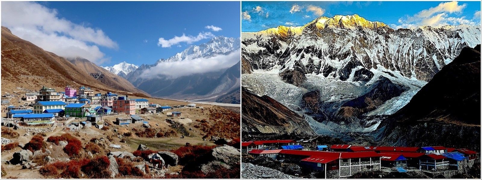 Kyanjin Gompa in Langtang Valley compared with Annapurna Base Camp, highlighting Himalayan landscapes and mountain trekking scenery in Nepal.