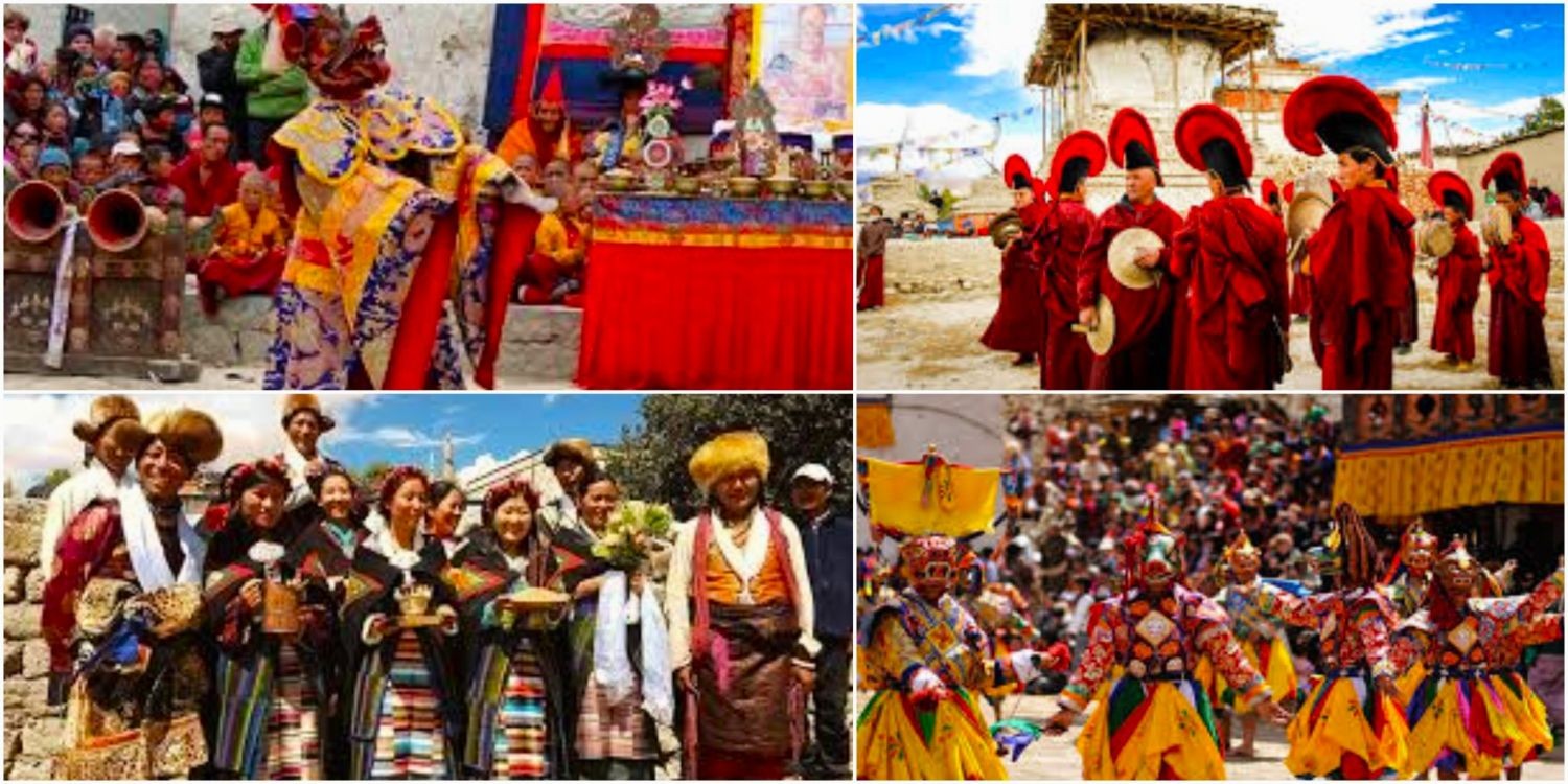 Traditional Tiji Festival celebration in Lo Manthang, Upper Mustang, featuring masked monks performing sacred dances in colorful robes outside the ancient royal palace and monasteries