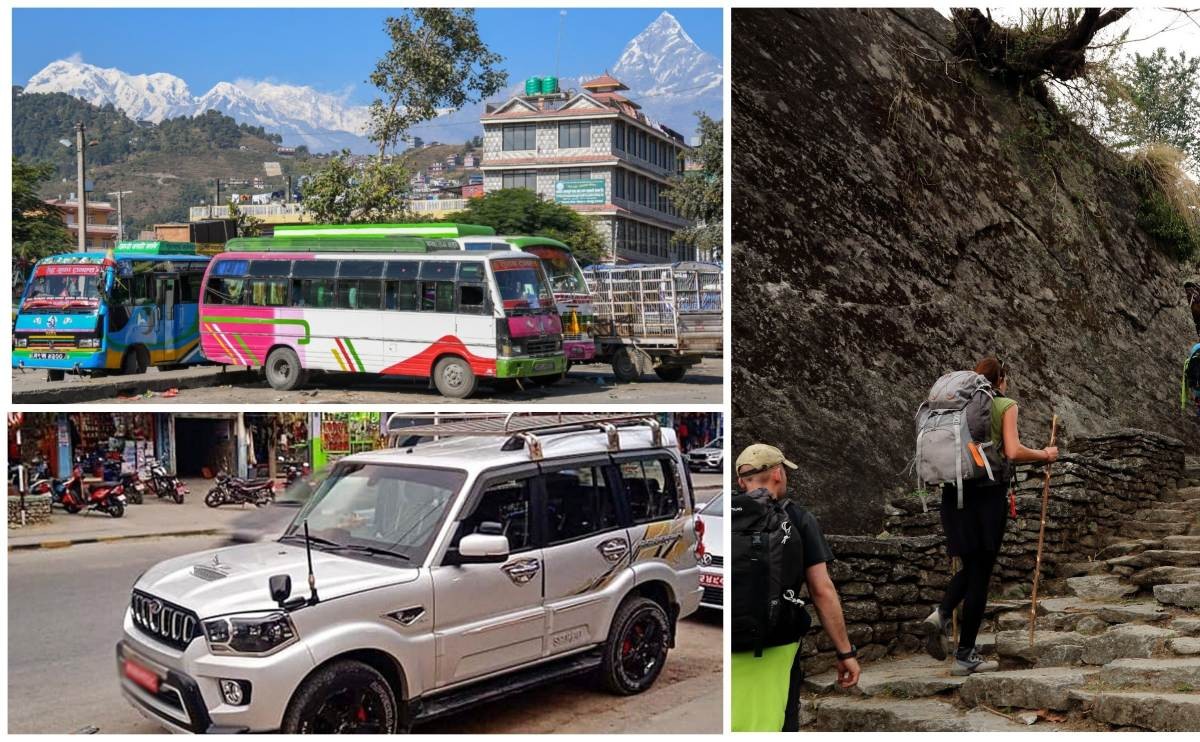 Jeep and local bus stop at Pitam Deurali with trekkers beginning the hike toward the Mardi Himal Trek in Nepal.