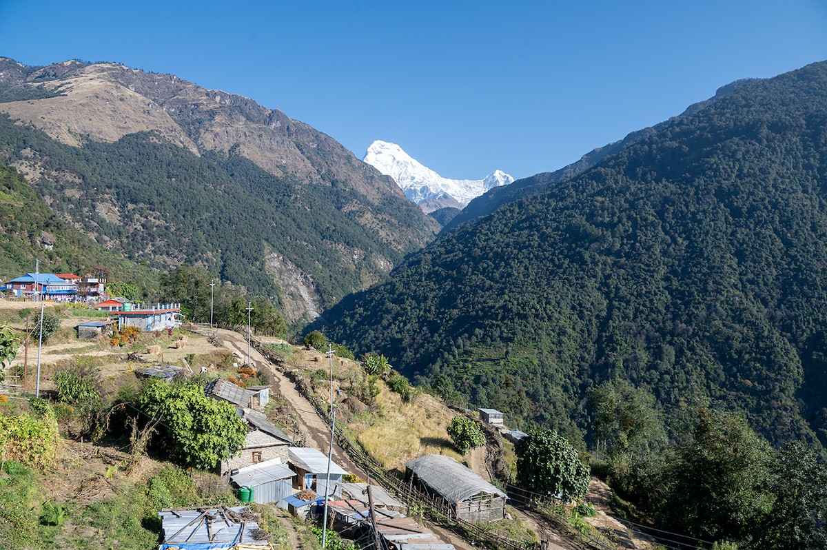 Traditional stone houses in Ulleri Village with stunning views of Annapurna South, terraced hillsides, and the Annapurna Himalayas on the Annapurna Base Camp Trek via Poon Hill.