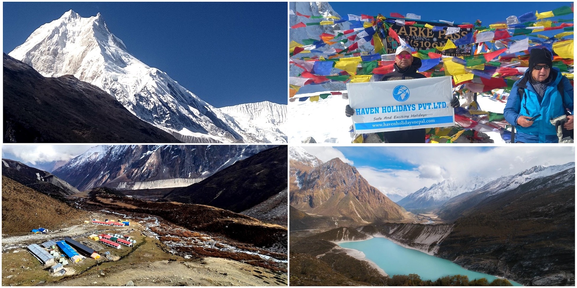 Collage of highlights from the Manaslu Circuit Trek including Mount Manaslu views, Lake, Larke Pass, mountain villages, trekking trails, and prayer flags in the Himalayan region of Nepal