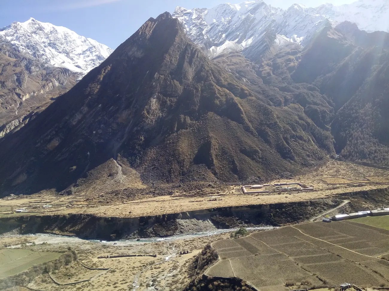 Tsum Valley Trek in Nepal with traditional Tibetan-style villages, Buddhist monasteries, green hills, and dramatic Himalayan mountain views.