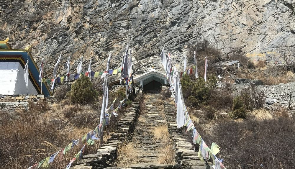 Milarepa Cave in Nepal Himalaya sacred Buddhist meditation cave trekking site
