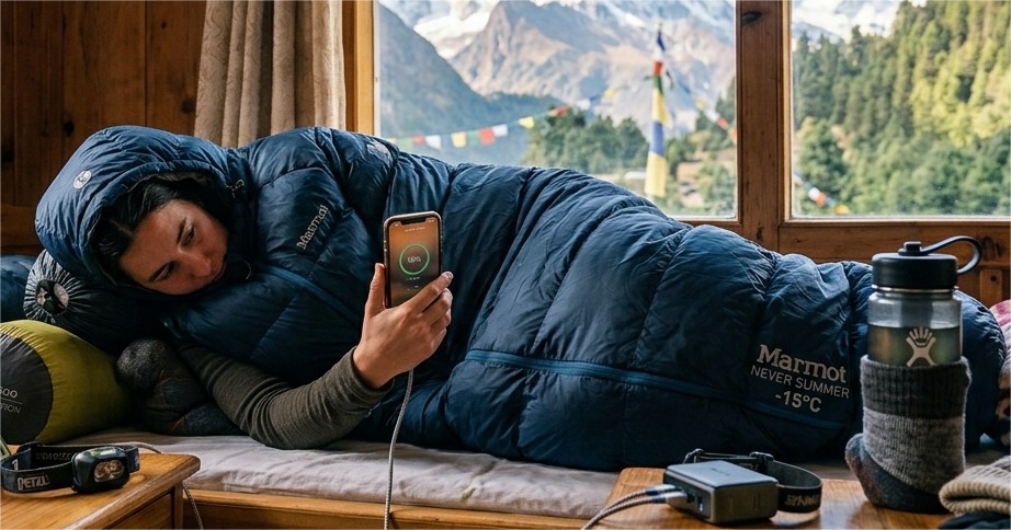 Trekker with a sleeping bag inside a cozy Himalayan teahouse on the Mardi Himal Trek in Nepal.