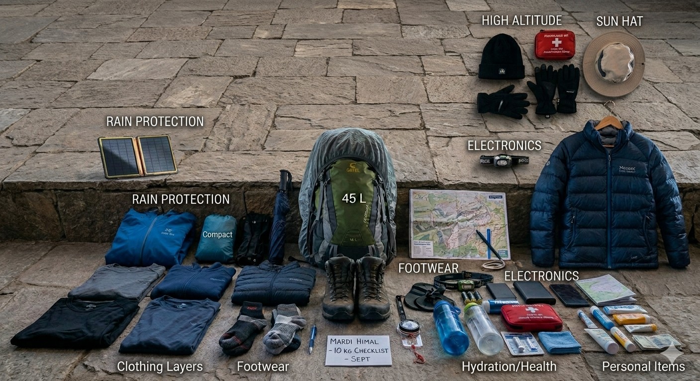 Essential trekking packing list laid out for the Mardi Himal Trek, including clothing, boots, sleeping bag, and hiking gear