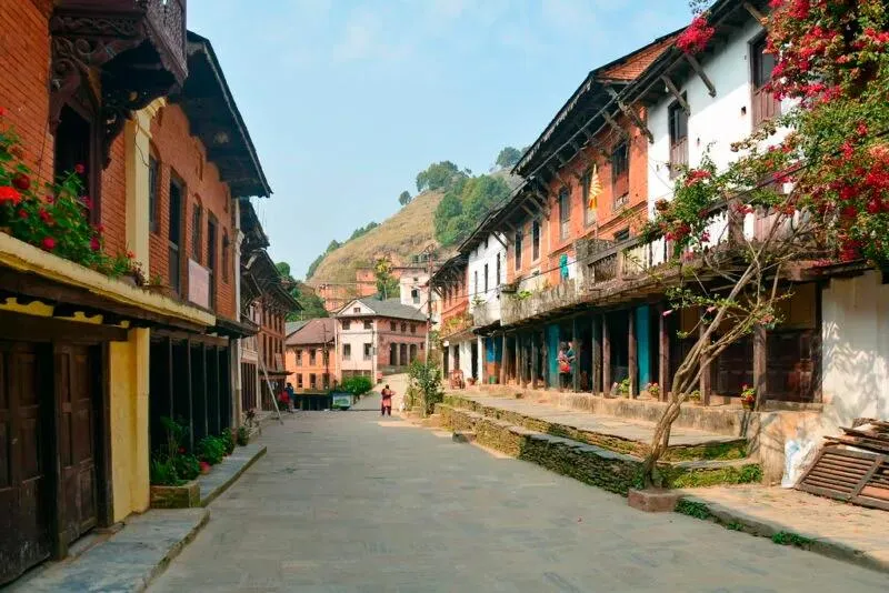 Scenic Bandipur town with traditional Newari houses and panoramic Himalayan views in Nepal.