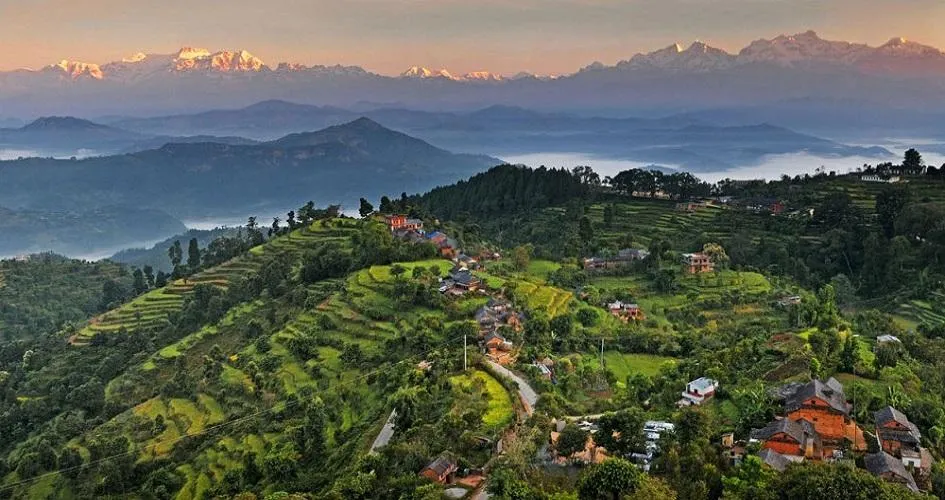 Bandipur hilltop town with traditional Newari houses and panoramic Himalayan mountain views in Nepal.