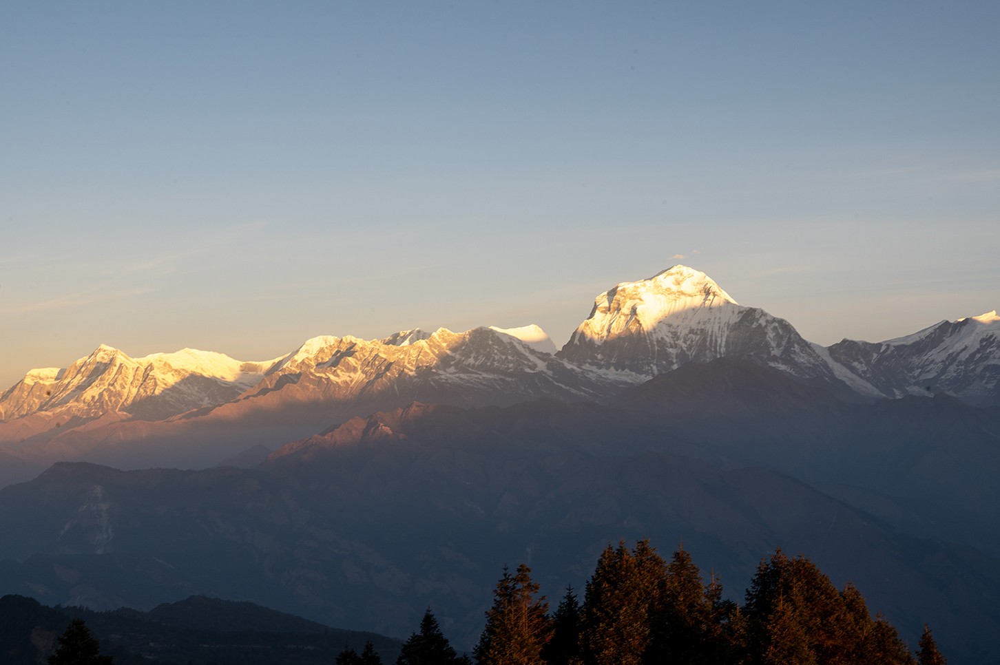 Golden sunrise illuminating Dhaulagiri and surrounding Himalayan peaks as seen from Poon Hill, Nepal