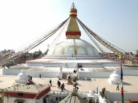 Boudhanath Stupa with traditional Buddhist architecture in Kathmandu, Nepal.