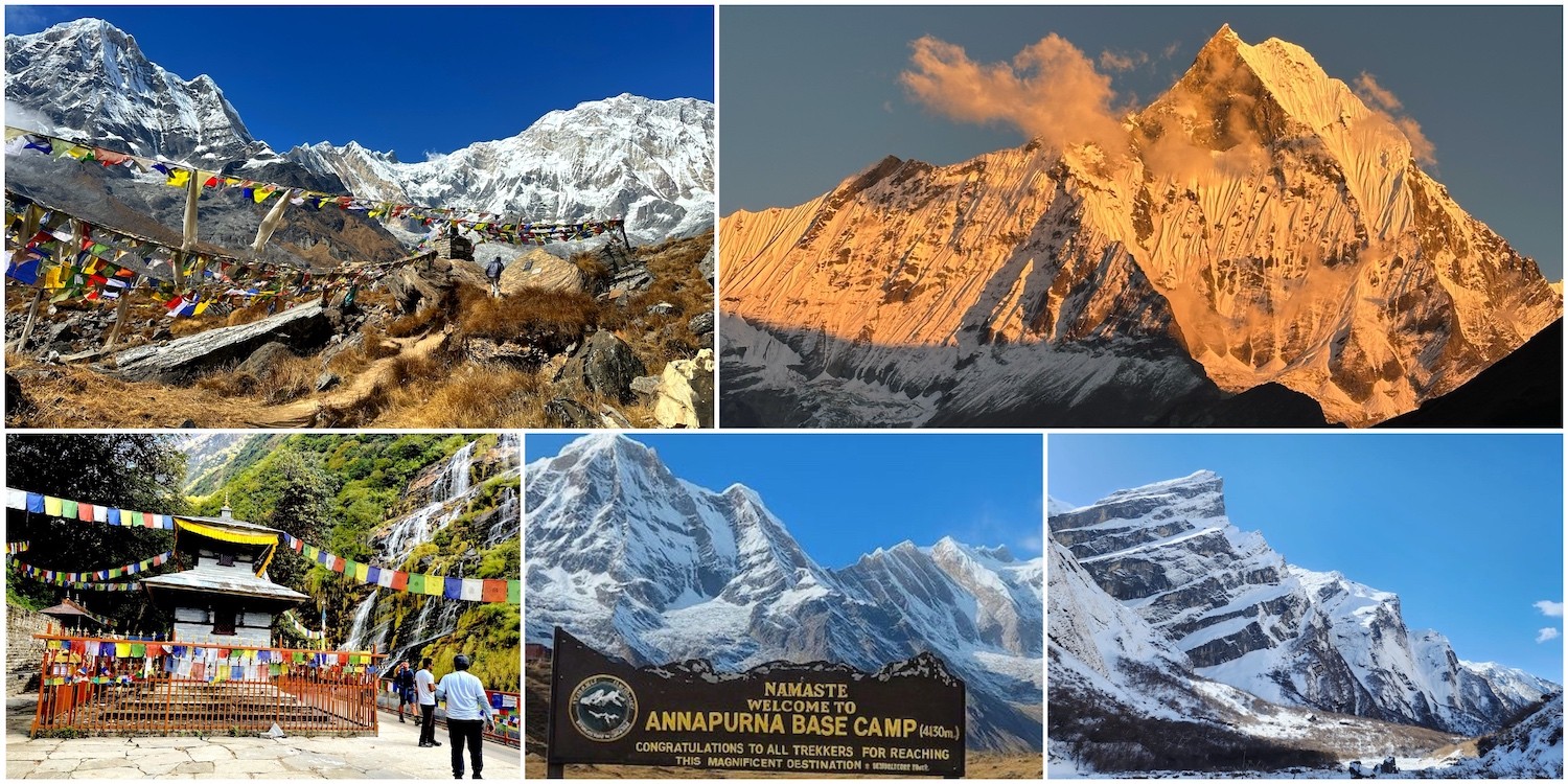 Annapurna Base Camp trail with trekkers, prayer flags, and snow-covered Himalayan mountains.