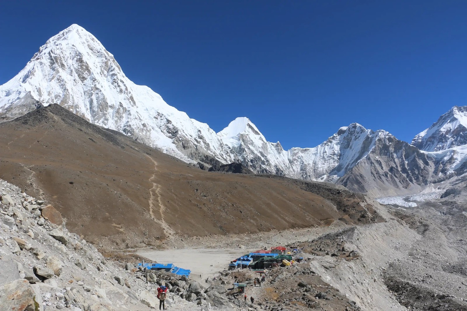 "Gorakshep trail on the Everest Base Camp Trek with trekkers walking through rocky Himalayan terrain and snow-covered mountains in the Khumbu region of Nepal"