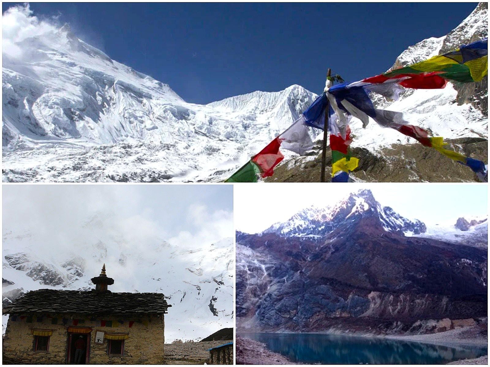 Side trip destinations on the Manaslu Circuit Trek featuring Manaslu Base Camp, Pungyen Gompa, and Birendra Lake surrounded by spectacular Himalayan scenery