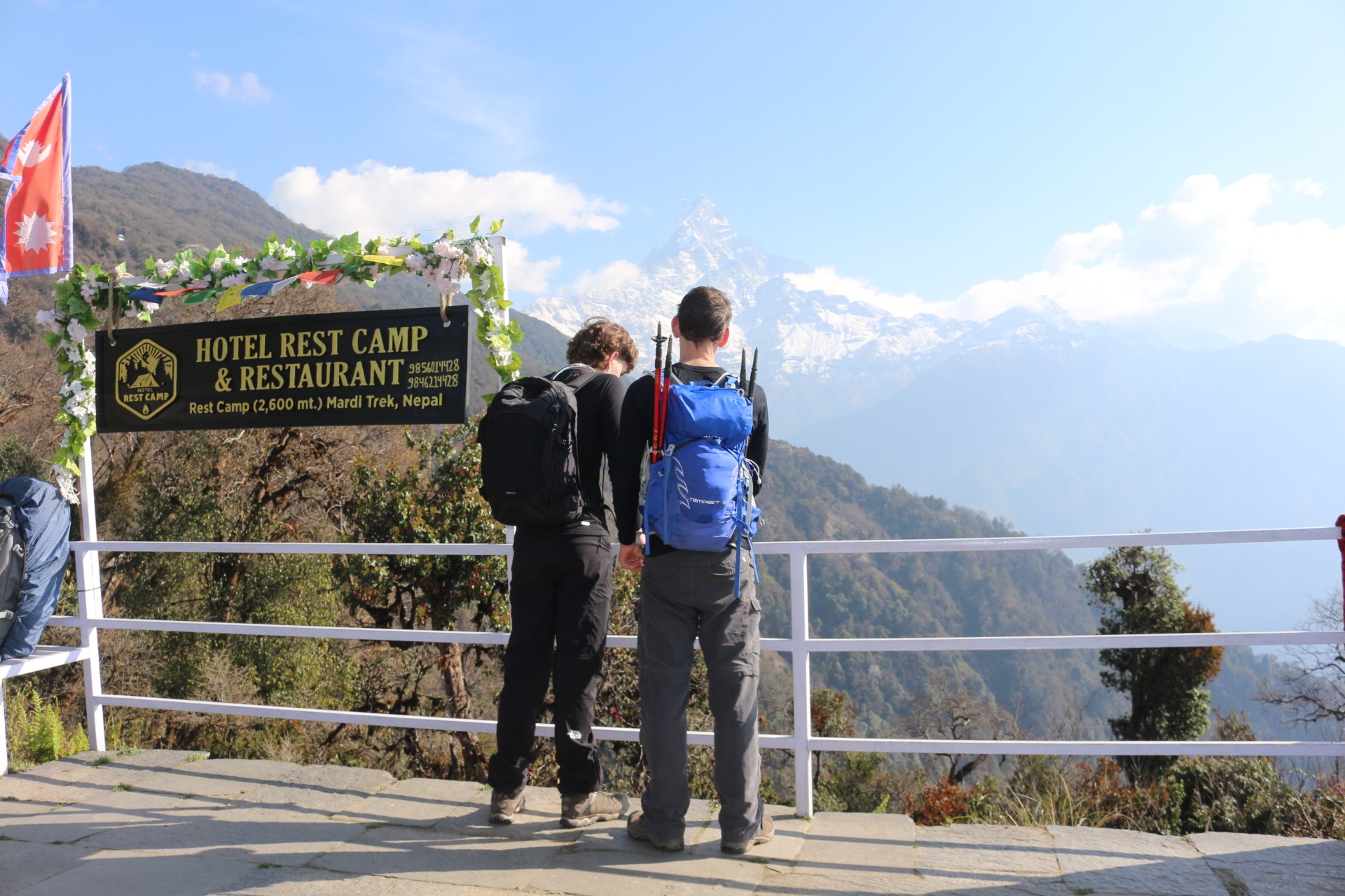 Mountain views from Rest Camp on the Mardi Himal Trek with Machhapuchhre and the Annapurna Himalayas in Nepal.