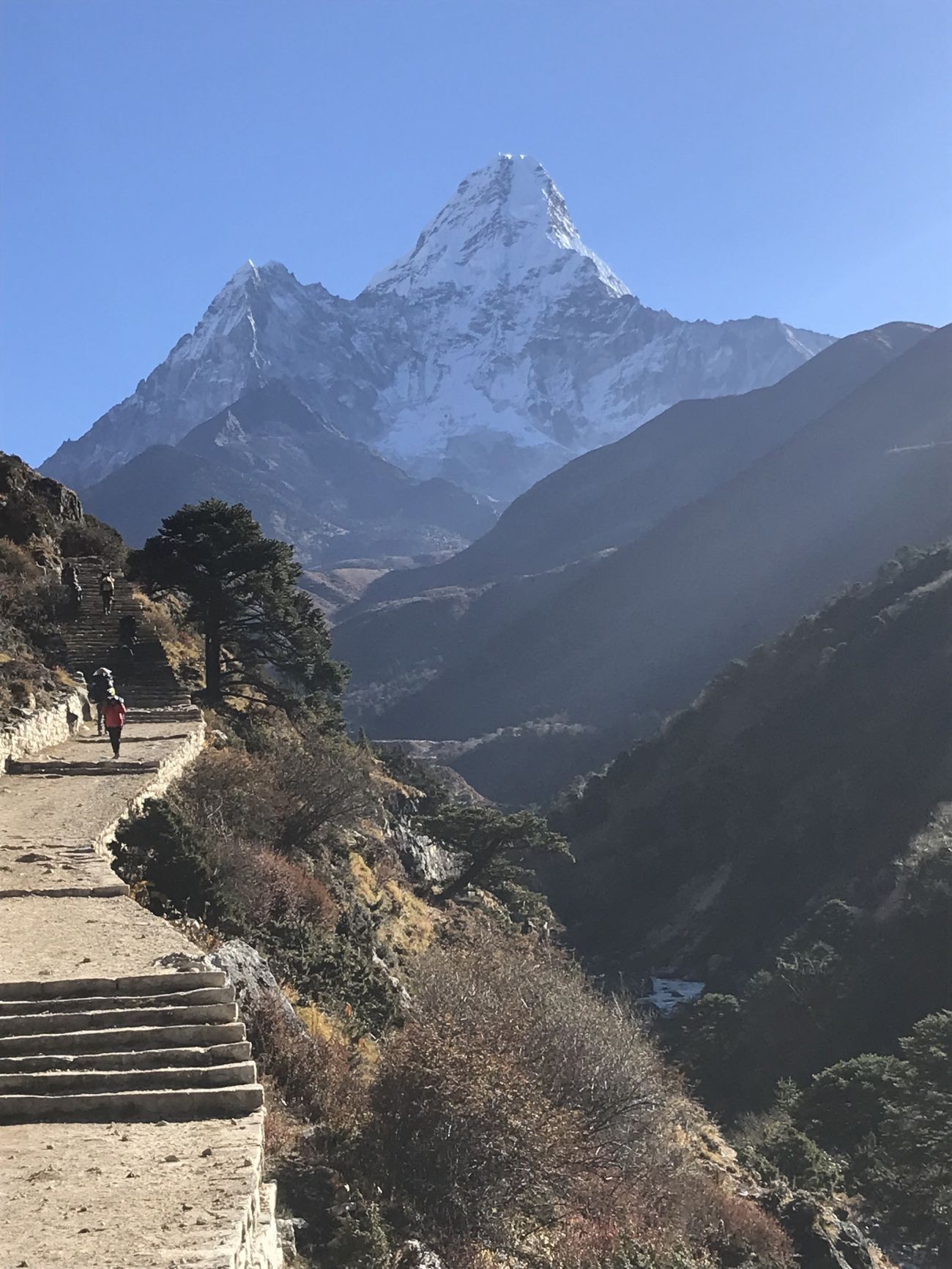 Mount Ama Dablam and scenic Everest Base Camp Trek trail in the Khumbu Himalayas of Nepal  