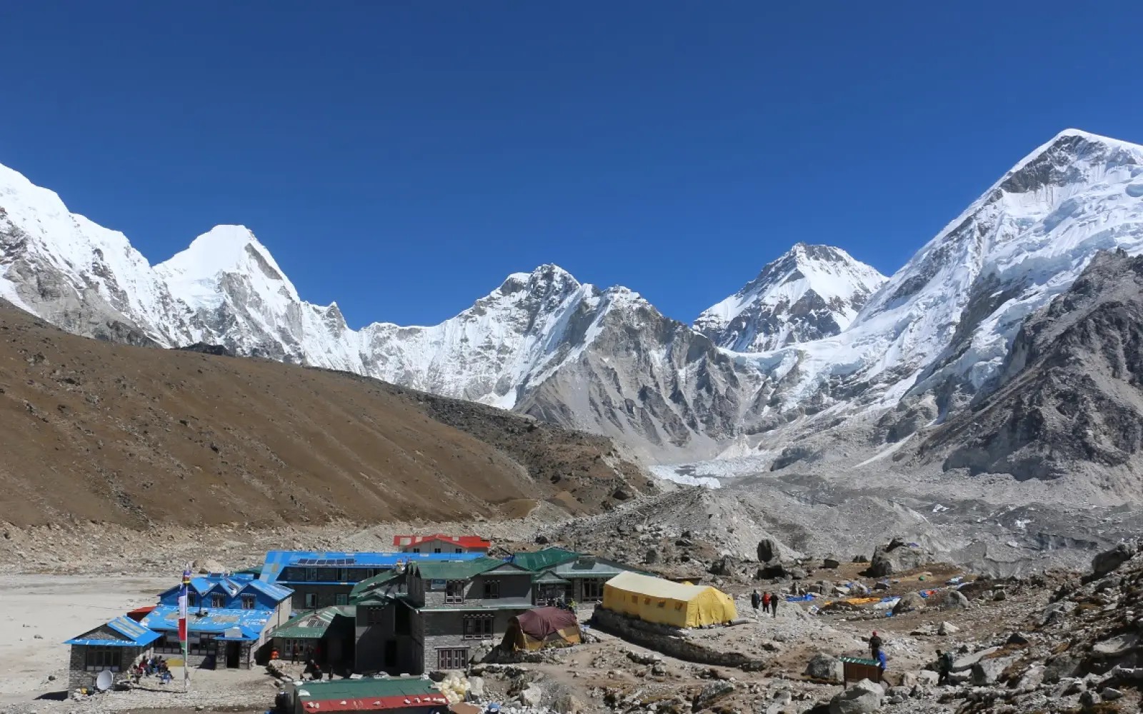 Gorak Shep surrounded by Mount Everest, Lhotse, Nuptse, and a rugged alpine landscape in the heart of the Everest region.