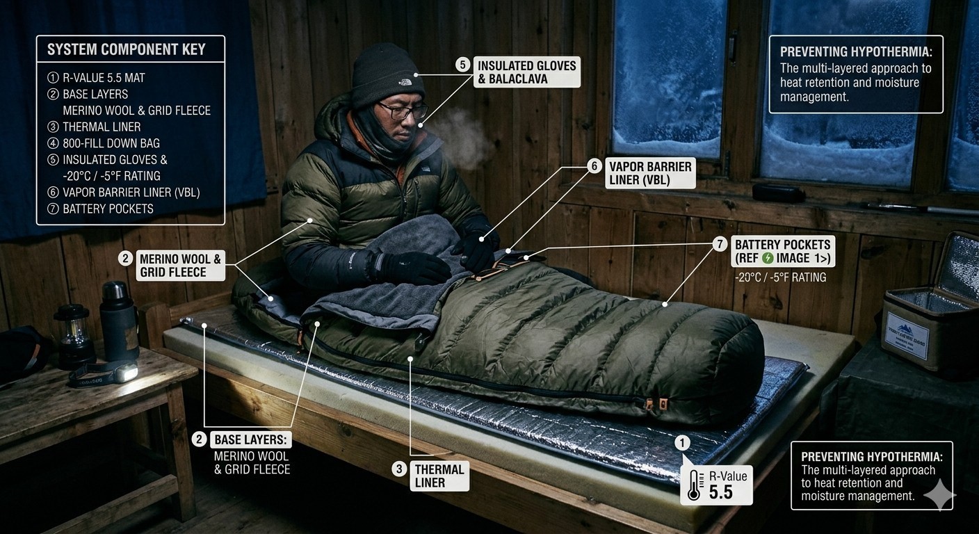 Warm sleeping system set up inside an unheated mountain lodge in the Khumbu region, featuring a four-season sleeping bag, thermal sleeping liner, insulated clothing, and extra blankets prepared for freezing Everest Base Camp trek nights.