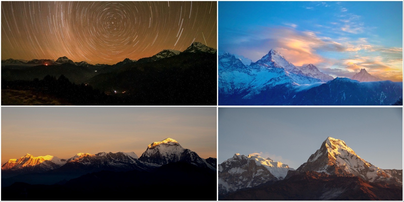 Star-filled night sky above Poon Hill with the Annapurna and Dhaulagiri ranges, followed by a golden sunrise illuminating the snow-capped Himalayan peaks.