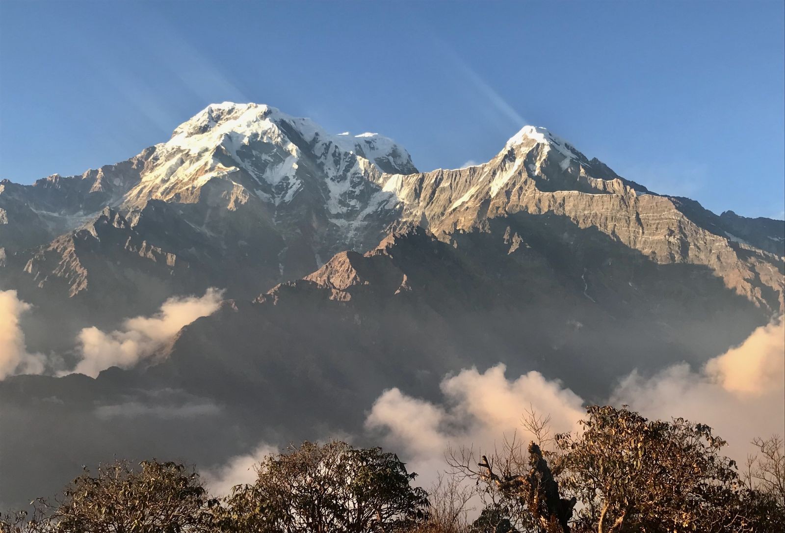 Panoramic view of Annapurna South and Hiunchuli, two majestic snow-covered Himalayan peaks in Nepal's Annapurna region, rising above green mountain ridges under a clear blue sky.