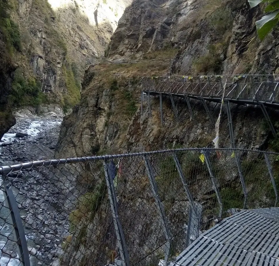Cantilever bridge over the Budhi Gandaki River on the Manaslu Circuit Trek 