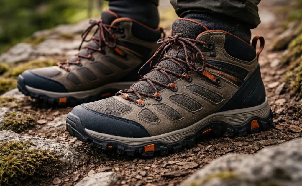 Waterproof trekking boots on a Himalayan trail, providing grip, support, and comfort for trekking in Nepal.