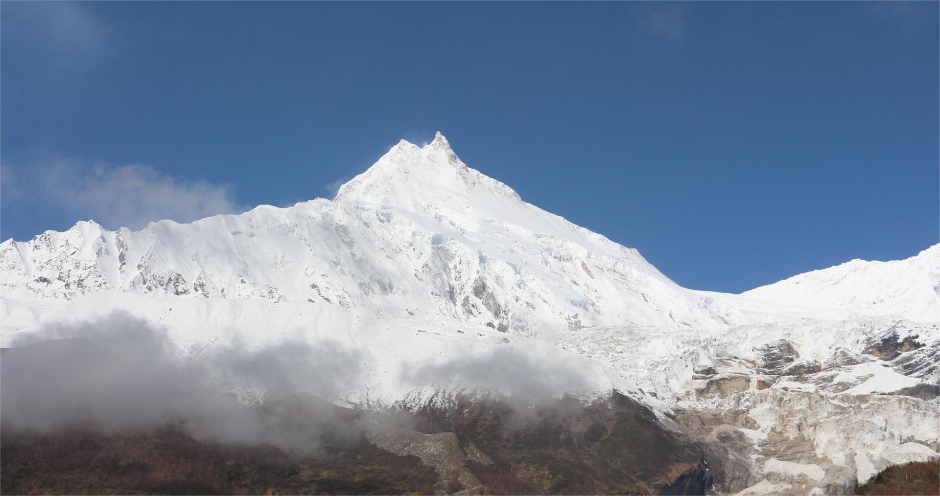 Manaslu Circuit Trek Nepal view of Mt Manaslu 8163m and surrounding Himalayan mountains in Gorkha region