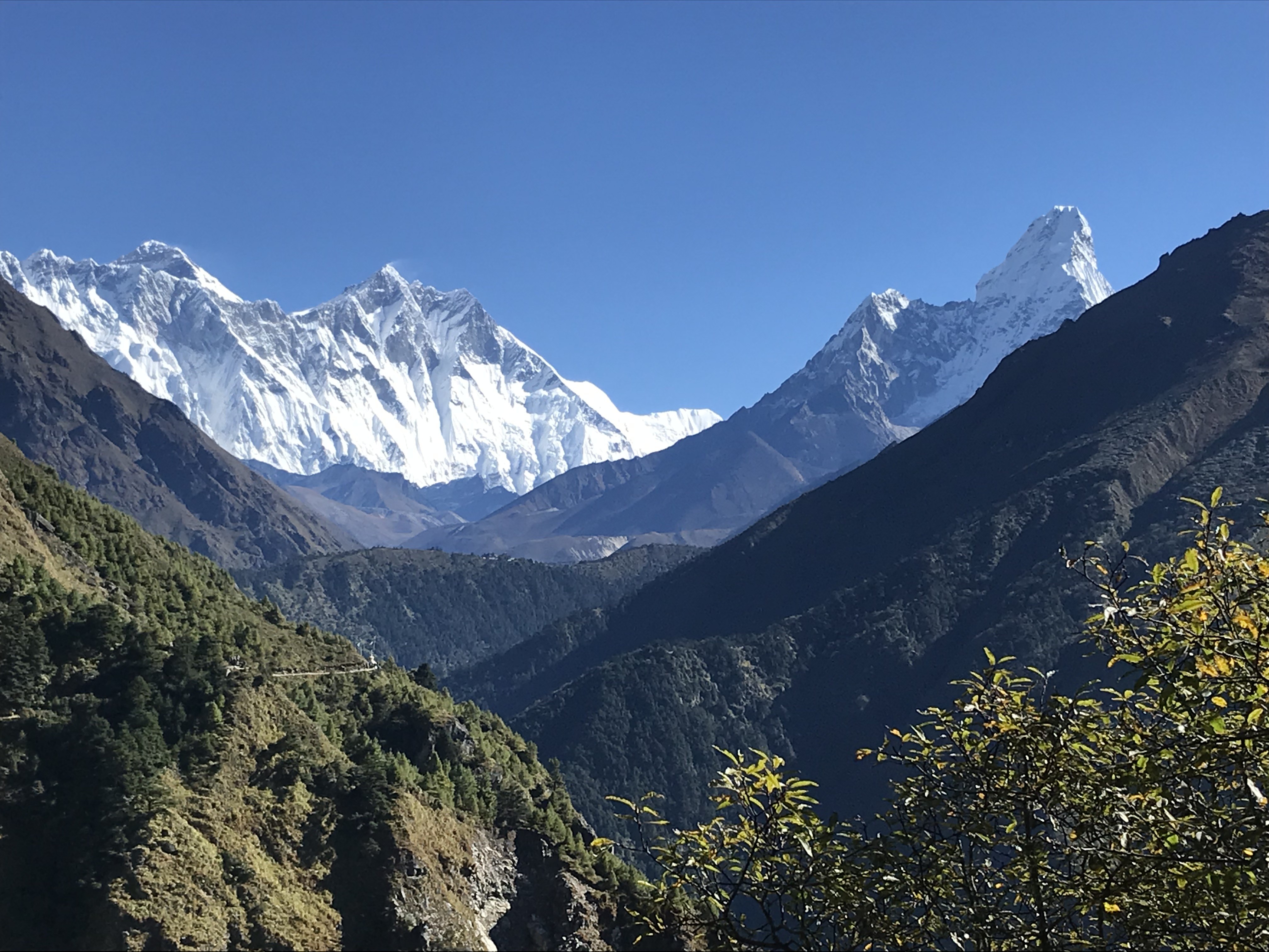 Scenic trekking trail in the Everest region with breathtaking views of Mount Everest, Lhotse, Ama Dablam, and lush Himalayan valleys under a crystal-clear blue sky.