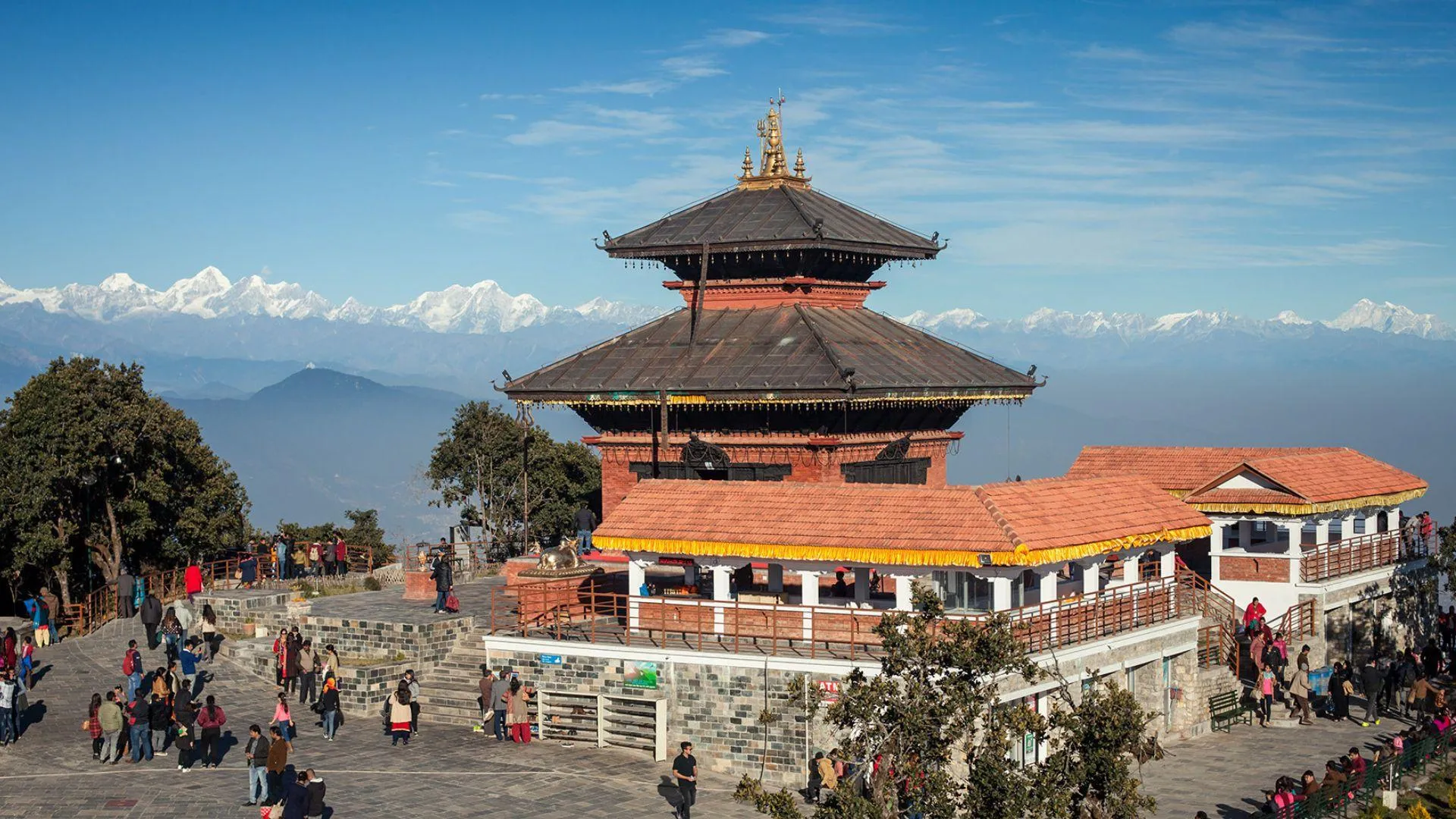 Chandragiri Hills overlooking Kathmandu Valley with Himalayan mountain views in Nepal.