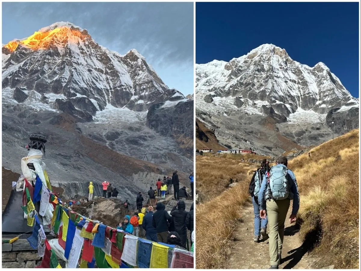 Comparison of trekking trails showing crowded routes in October peak season versus quieter, less crowded paths in November in the Himalayan region of Nepal.