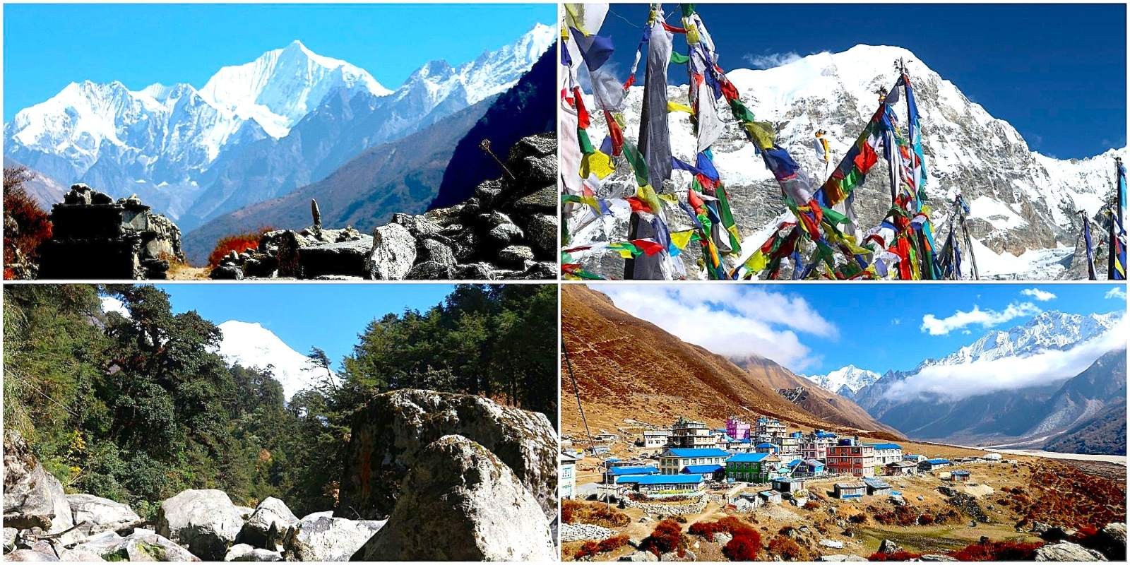 Langtang Valley Trek in spring and autumn featuring clear mountain views, blooming rhododendron forests, snowy Himalayan peaks, and pleasant trekking weather in Nepal.