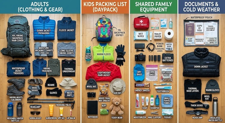 Essential family trekking gear including backpacks, hiking boots, warm clothing, rain jackets, trekking poles, water bottles, and first aid supplies for trekking in Nepal.